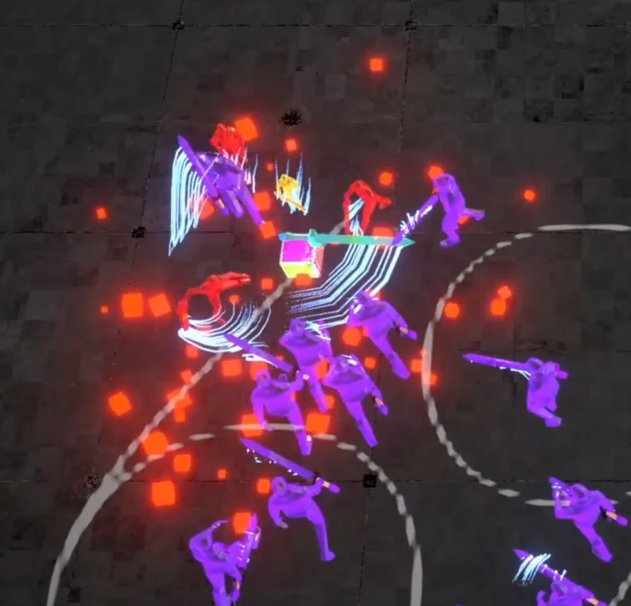 DeletedTheDefaultCube: a glowing mechanical character surrounded by vivid red and violet effects.
