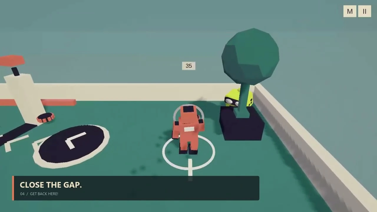 GET BACK HERE! gameplay: a stylised chase scene viewed from above with the prompt Close the gap.
