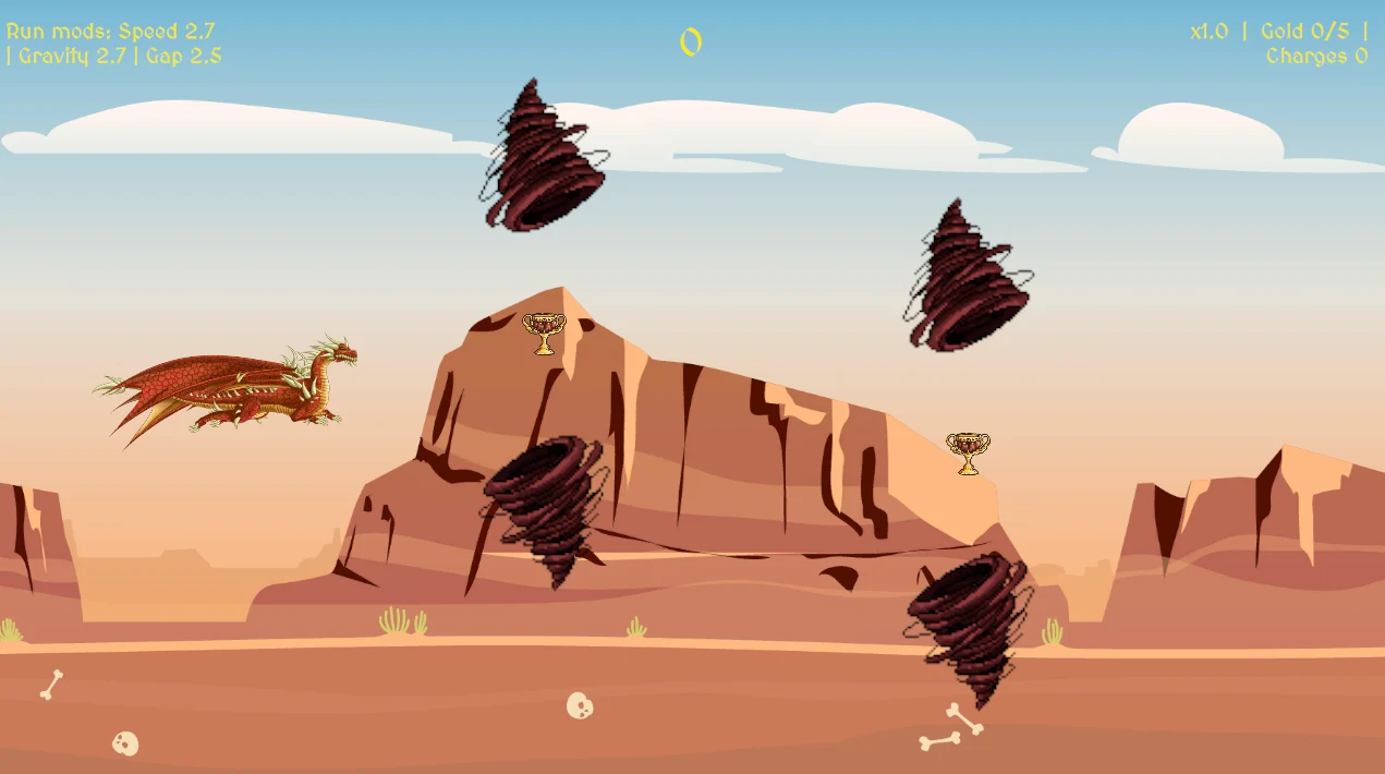 Greedy Flappy Dragon: a dragon flies between tornadoes above a sunlit desert canyon.