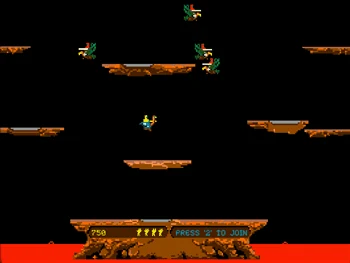 Joust student remake showing pixel-art riders and floating platforms.