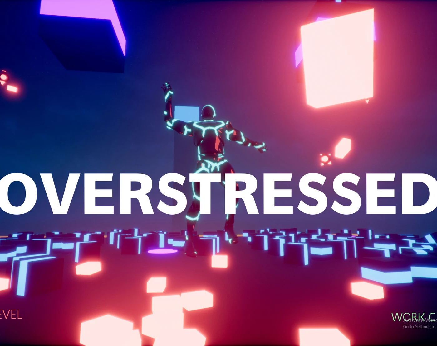 OVERSTRESSED title art over a luminous geometric game world with a floating figure.