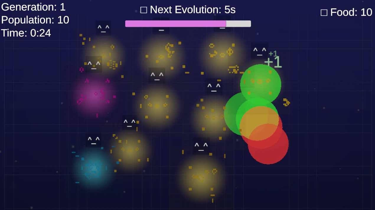 PICEVO: glowing coloured cells evolve across a dark simulation grid.