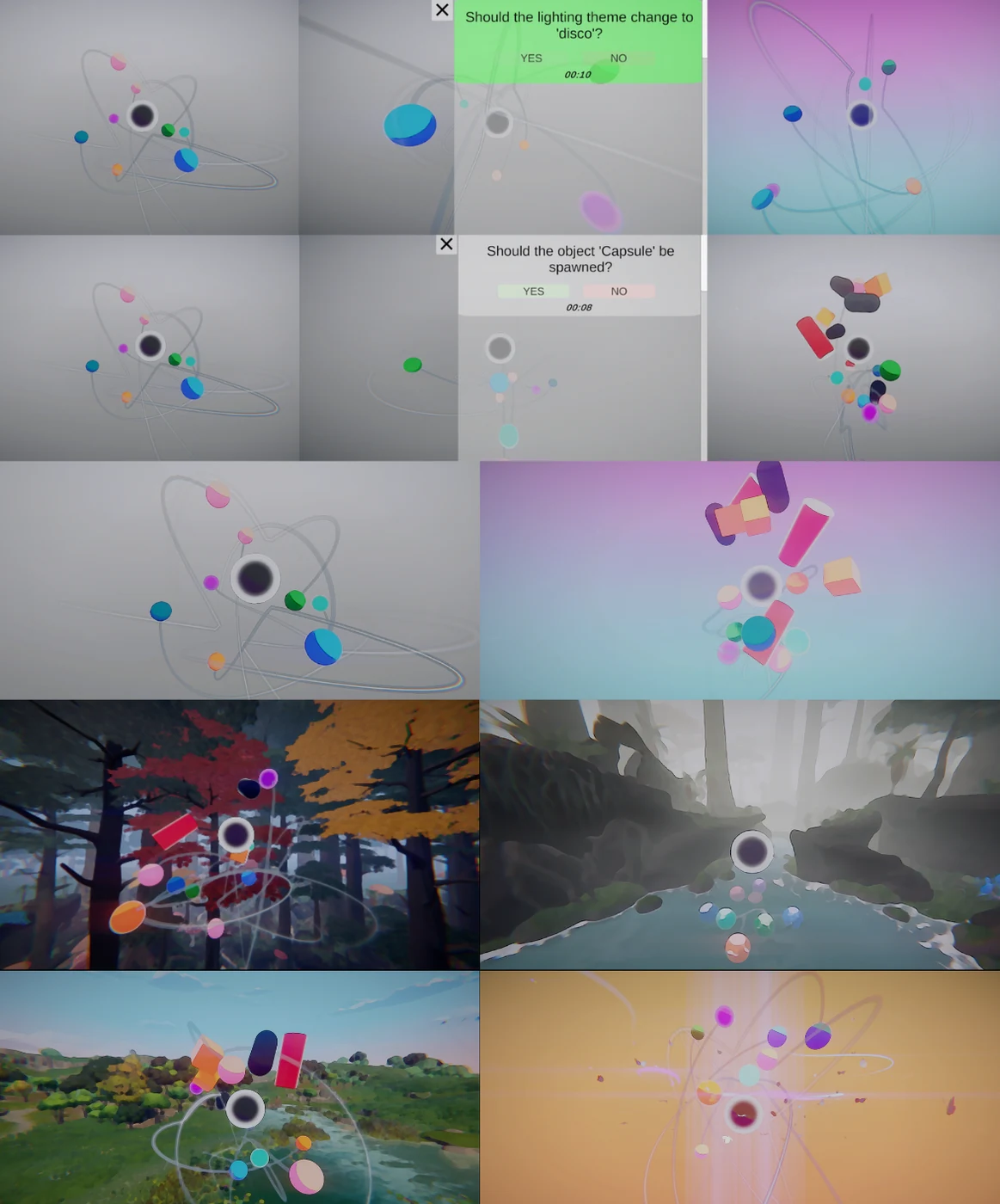 RewriteXR: a montage of colourful prototype scenes and conversational interfaces.