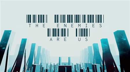 The Enemies Are Us title art above a pale blue geometric city.