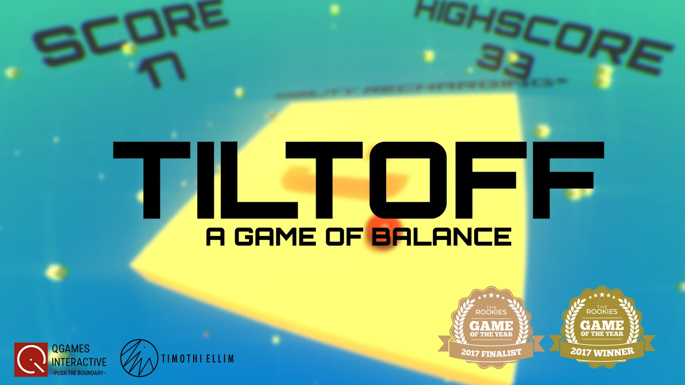 TILTOFF: A Game of Balance title art with a yellow platform and award badges.