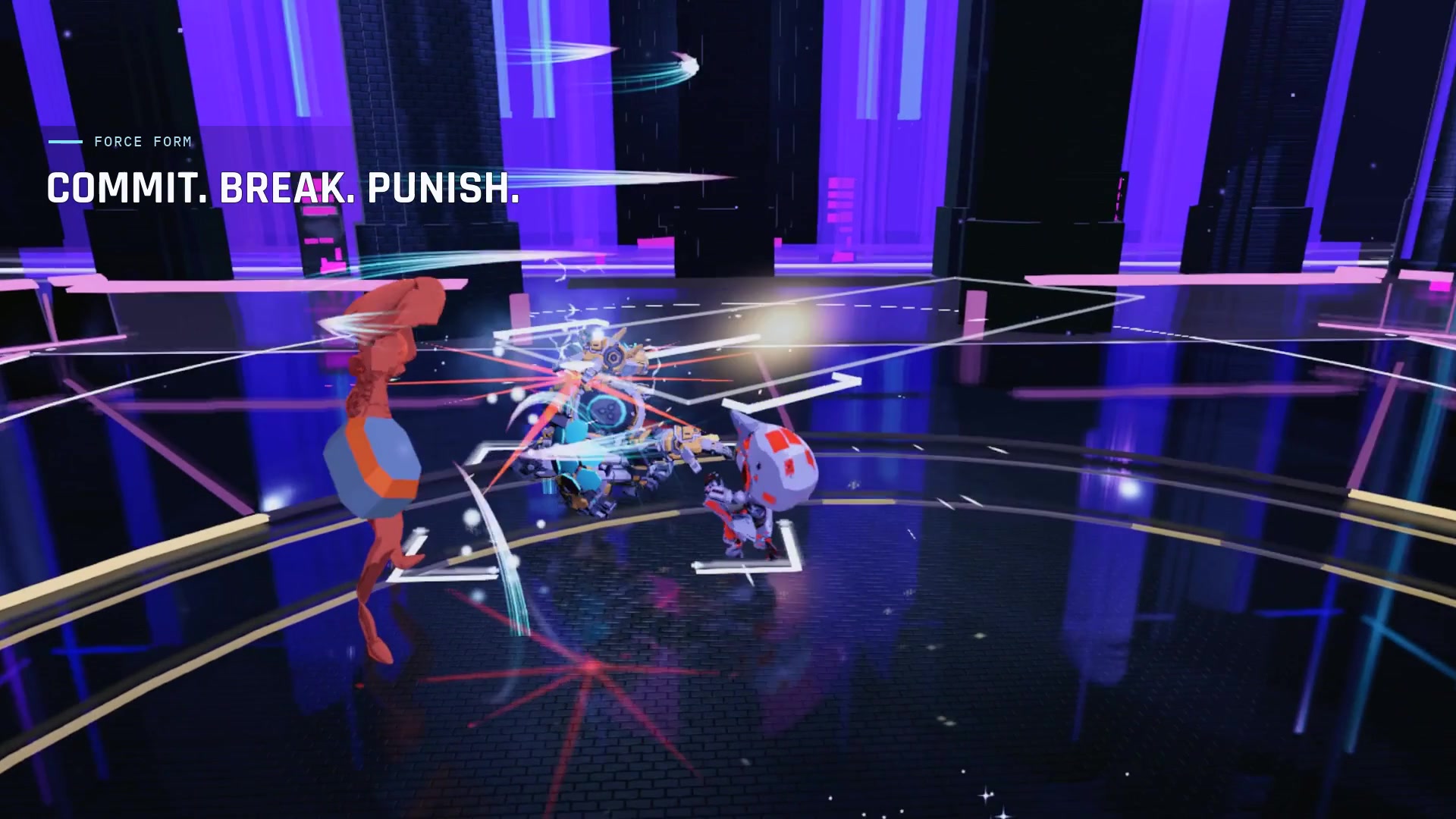 EGOFORM gameplay: the paired robot and projected form fight in a purple arena during Force form.