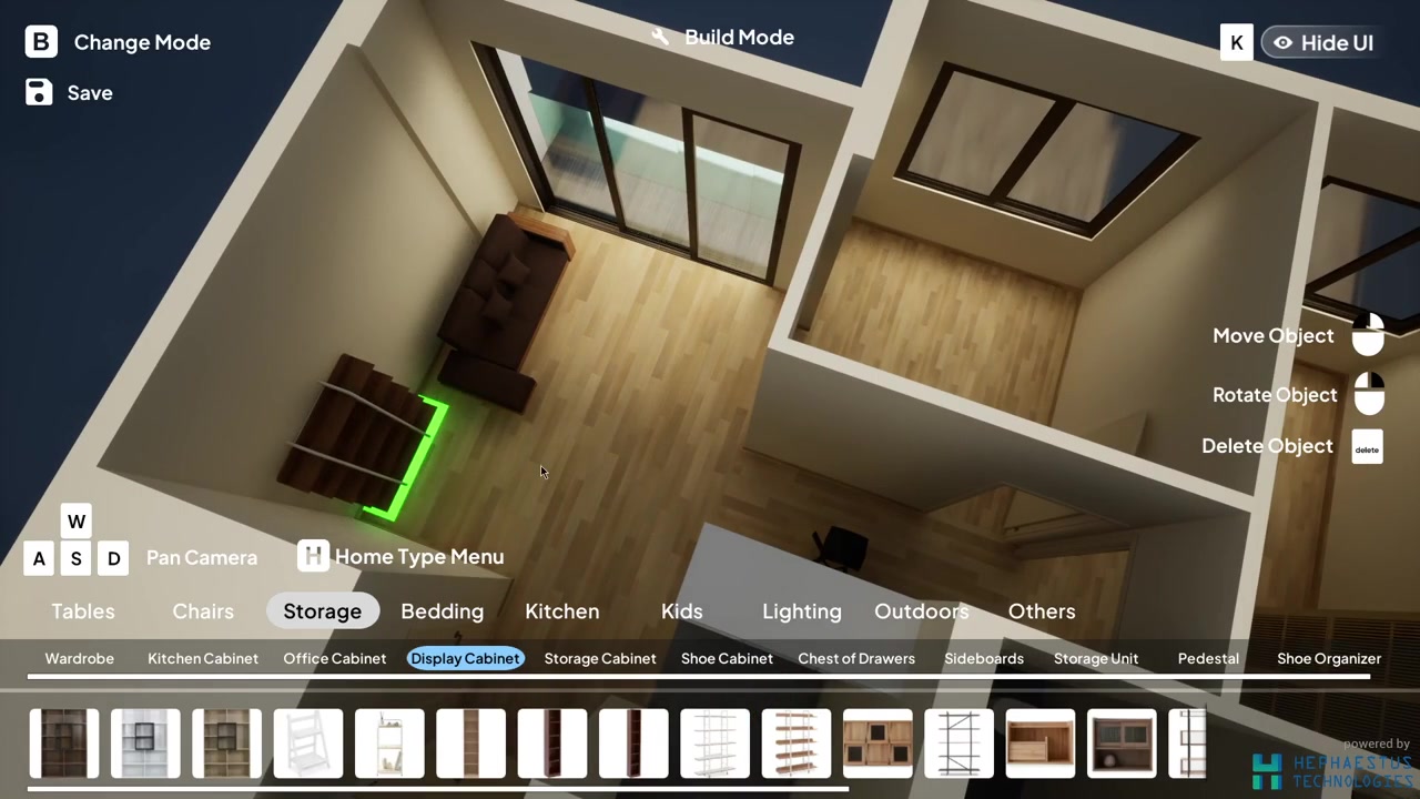 Room Builder shows a furnished room from above with a selected object and editing controls.