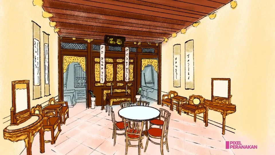 A Peranakan interior illustrated by Julia Tay, with carved furniture, patterned tiles and a round table.