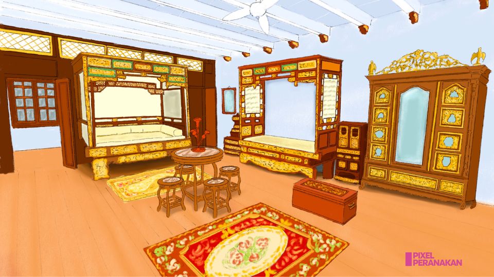 A Peranakan room with carved furniture, illustrated by Julia Tay.