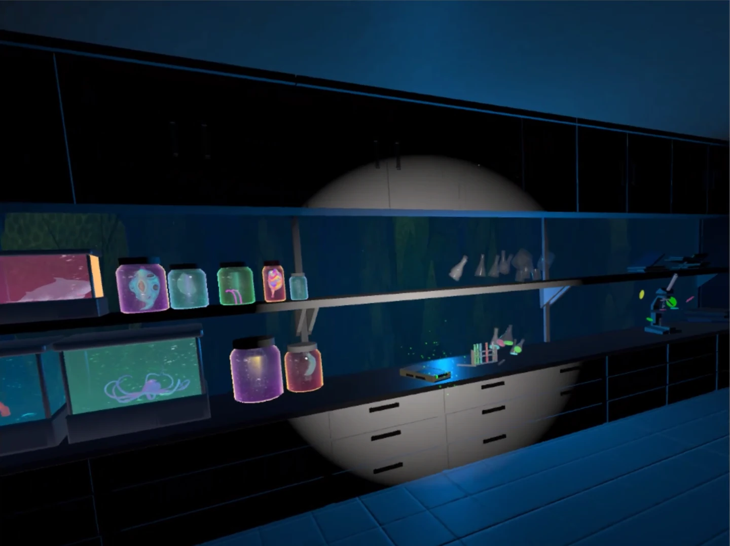 Chrysalis VR: a dim blue laboratory with shelves of colourful sea creatures and windows looking into the ocean.