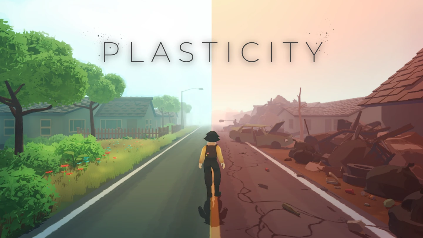 Plasticity key art: Noa stands between a green, restored town and a polluted version of the same street.