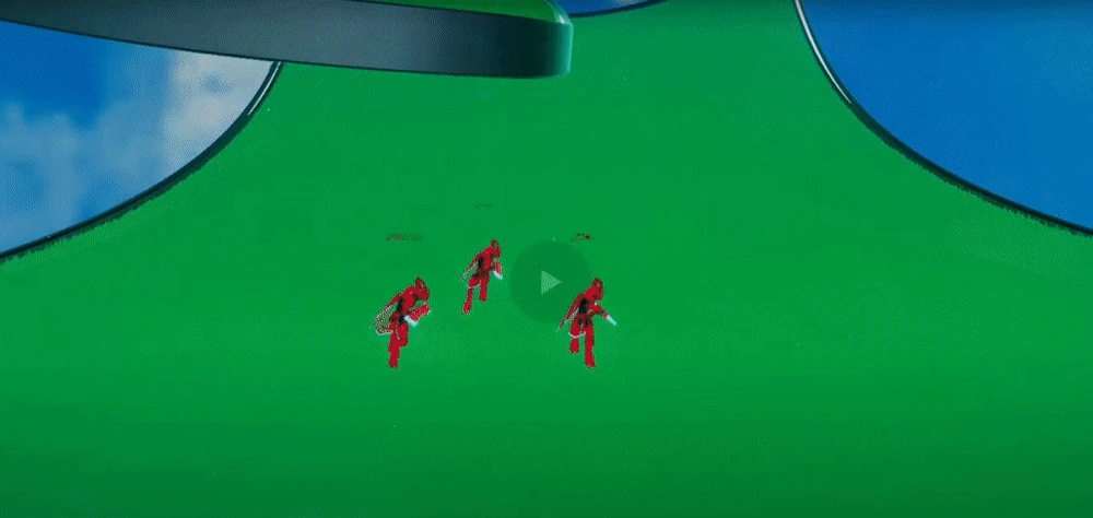 Wavebent gameplay with three red characters on a curved green arena platform.