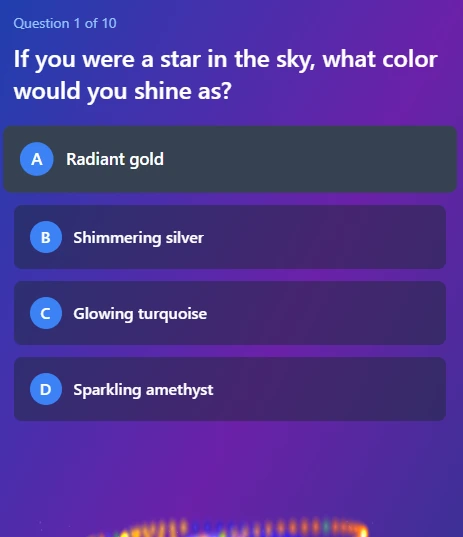 A Cosmic Pop Persona question asks what colour a star would shine, with four illustrated answer choices.