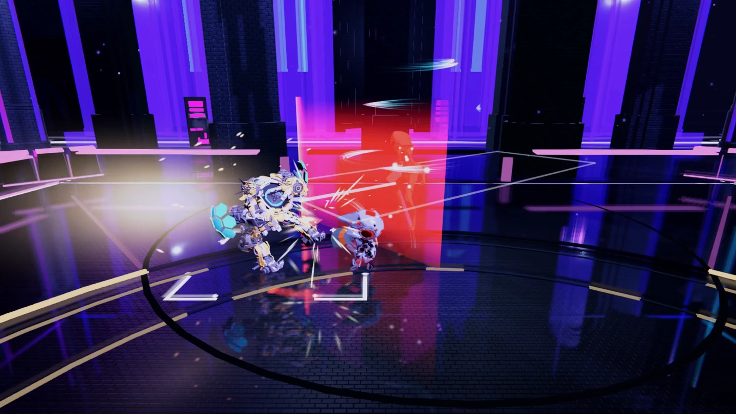 A small white robot and its projected partner strike beside a glowing red attack cue in EGOFORM’s purple arena.