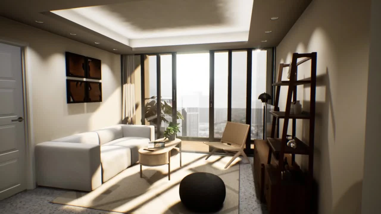 A sunlit virtual living room with a white sofa, armchair, wooden tables, open shelving and full-height windows.