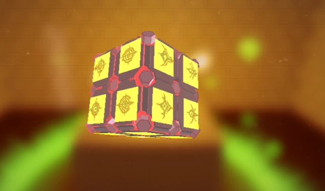 Infinity Box with pink-red corner pieces and illuminated yellow panels.