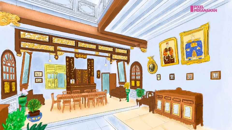 An illustrated Peranakan living and dining room with carved timber furniture, family portraits and patterned windows.