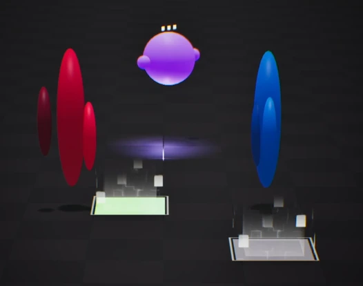 A purple agent floats above coloured targets in the Social XR prototype.